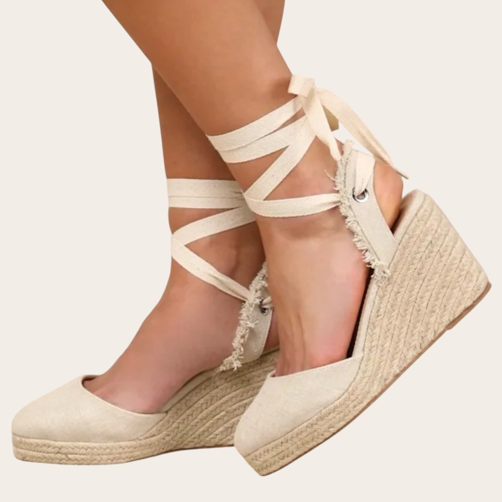 Lulus Elsinore Linen Lace-Up Espadrille Wedges Beige Closed Toe 7.5 NWOT